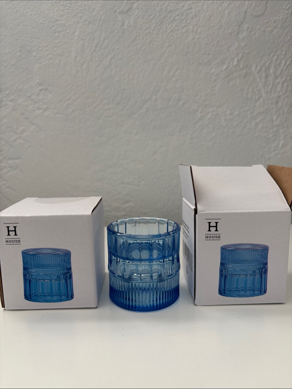 Blue Glass Decorative Tea Candle holder-set Textured Accent from Finland